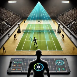 DALL·E-2025-03-19-11.15.31-Uma-quadra-de-tenis-vista-de-cima-com-sensores-e-cameras-posicionadas-ao-redor-para-rastreamento-da-bola-representando-o-sistema-Hawk-Eye.-Um-telao--300x300 Impacto da Inteligência Artificial na Arbitragem do Tênis