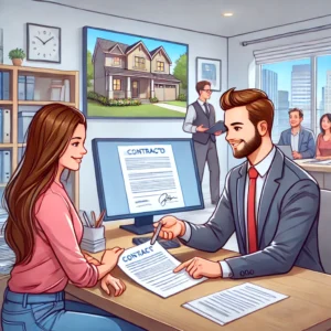 DALL·E-2025-03-16-13.30.30-Uma-ilustracao-realista-mostrando-um-casal-jovem-assinando-um-contrato-de-financiamento-imobiliario-em-um-escritorio-moderno-com-um-agente-imobiliari-300x300 Imóveis e Financiamento: O Guia Completo para Comprar sua Casa