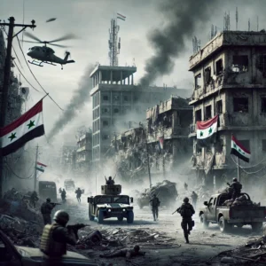 DALL·E-2025-03-16-14.41.56-Uma-imagem-realista-retratando-um-cenario-de-guerra-na-Siria-em-2025.-A-cena-mostra-uma-cidade-destruida-com-predios-em-ruinas-fumaca-no-horizonte-e--300x300 A Guerra na Síria: Um Conflito que Parece Não Ter Fim