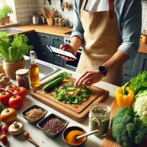 DALL·E-2025-03-15-15.06.59-A-person-cooking-in-a-modern-kitchen-while-following-a-recipe-on-a-smartphone.-The-counter-is-filled-with-fresh-ingredients-like-vegetables-herbs-an-300x300 Aplicativos para Aprender a Cozinhar
