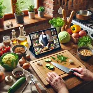 DALL·E-2025-03-15-15.07.02-A-cozy-kitchen-setting-where-a-person-is-watching-a-cooking-tutorial-on-a-tablet-while-preparing-a-homemade-meal.-Fresh-ingredients-a-cutting-board--300x300 Aplicativos para Aprender a Cozinhar