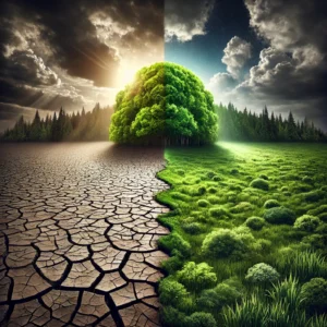 DALL·E-2025-03-14-17.28.59-A-dramatic-depiction-of-climate-change-effects-showing-a-split-landscape_-one-half-lush-and-green-the-other-dry-and-cracked.-The-image-should-highli-300x300 Mudanças Climáticas: O Que Esperar do Planeta nos Próximos Anos?